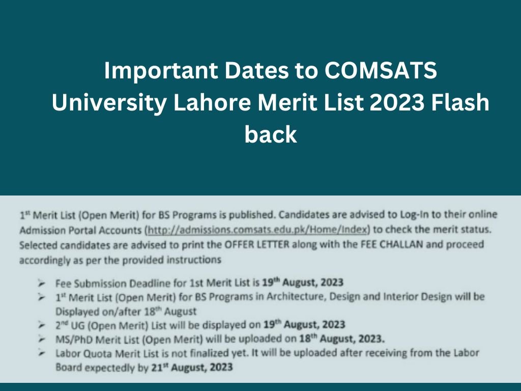 Important Dates to COMSATS University Lahore Merit List 2023 Flash back